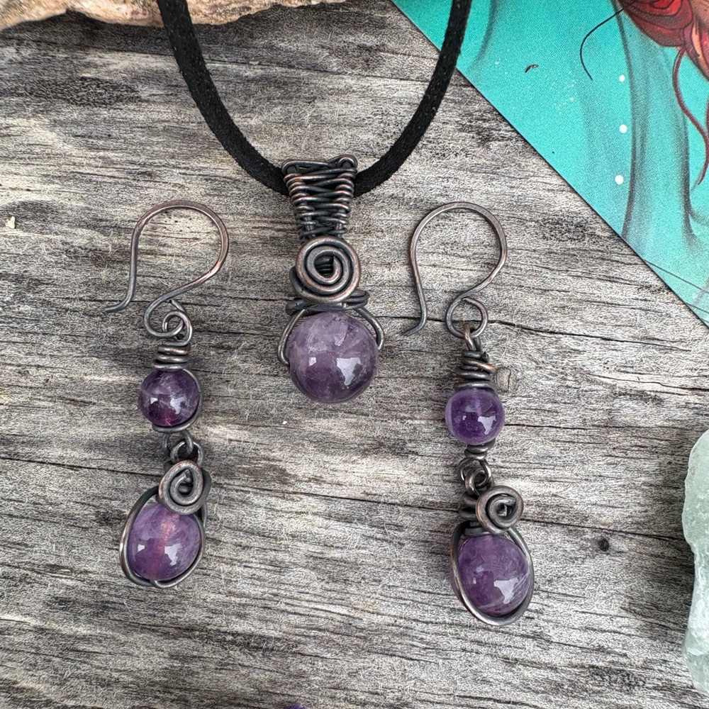 Jewelry Set Amethyst Crystal Oxidized Necklace & Earrings